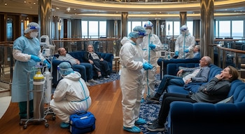 Personal sanitario con trajes protectores y máscaras atiende a pasajeros sentados en sofás azules en un salón de crucero de lujo, con equipos médicos visibles.