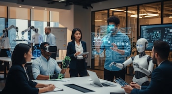 Sala de reuniones con un grupo de personas, un robot humanoide, brazos robóticos. Un hombre usa gafas de realidad virtual, otro interactúa con un holograma.