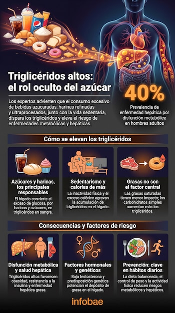 Infografía con ilustraciones de bebidas, dulces, pan y cuerpo humano, junto a texto sobre triglicéridos altos, sus causas y prevención. Incluye el logo de Infobae.