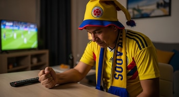 Hombre con camiseta, sombrero y bufanda de Colombia. Tiene el puño cerrado sobre una mesa junto a un control remoto y un televisor encendido.