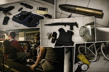 Collage con fotos de pistolas, una escopeta, un proyectil, radios, chaleco táctico y agentes de seguridad junto a una persona.