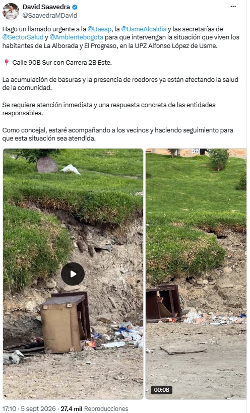 David Saavedra reclamó respuesta distrital ante foco de basuras en la UPZ Alfonso López - crédito @SaavedraMDavid/X