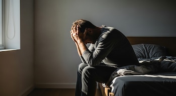 Hombre con ropa oscura sentado en el borde de una cama sin hacer, con las manos en la cabeza y el rostro oculto, iluminado por luz lateral de una ventana.
