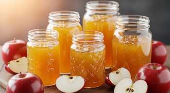 Cinco frascos de vidrio llenos de mermelada de manzana dorada brillante, rodeados de manzanas rojas enteras y mitades sobre una tabla de madera.
