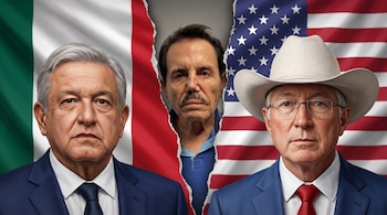 Retratos de Andrés Manuel López Obrador, Ken Salazar y Ismael Zambada. Las banderas de México y Estados Unidos de fondo, con una grieta vertical en el centro.