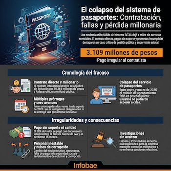Una infografía ilustra el colapso del sistema de pasaportes con un diseño digital que incluye un pasaporte, engranajes, un contrato y un monitor con error.