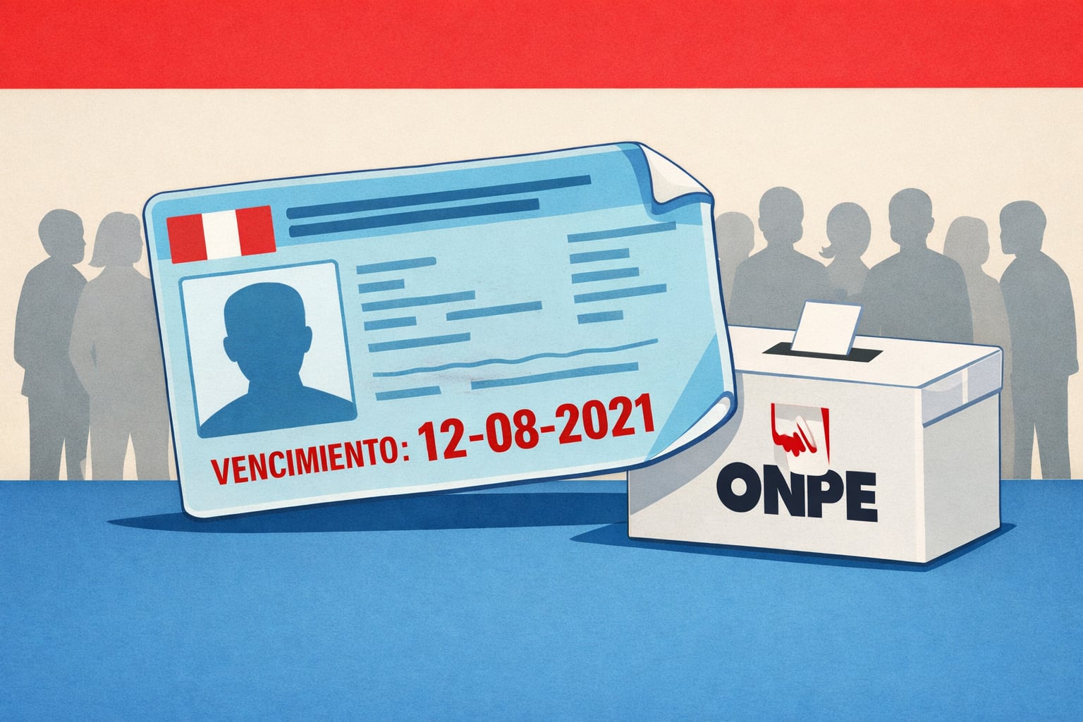 Ilustración que muestra un DNI peruano vencido con fecha 12-08-2021 frente a una urna de la ONPE, con siluetas de votantes al fondo, representando la tensión electoral. (Imagen Ilustrativa Infobae)
