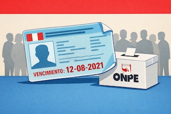 Ilustración de un DNI peruano con fecha de vencimiento 12-08-2021 frente a una urna de la ONPE y fila de votantes al fondo bajo la bandera peruana.