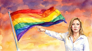 Acuarela de mujer rubia, con gesto serio y camisa blanca, señalando hacia la bandera LGBTQ+ que ondea contra un cielo en tonos naranjas y púrpuras.