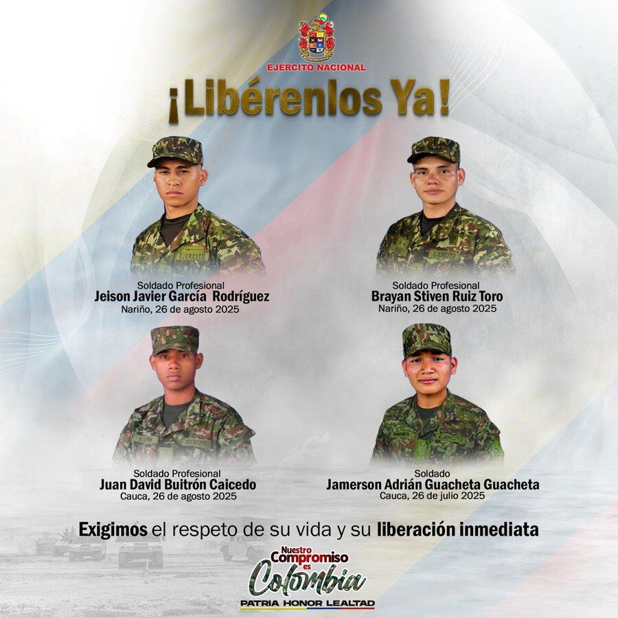 Los soldados fueron secuestrados el 24 de agosto en Cumbitara, Nariño - crédito Ejército Nacional