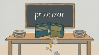 Ilustración de una mesa con una billetera abierta y vacía derramando monedas y billetes al suelo, platos vacíos apilados a los lados, y una pizarra con 'priorizar'.