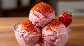 Un tazón de vidrio transparente con varias bolas de helado de fresa rosado, espolvoreadas con abundante chile en polvo rojo anaranjado, y una fresa fresca al lado.