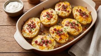 Siete mitades de papas al horno con queso derretido, trozos de panceta y cebollino en una fuente de cerámica, junto a un cuenco de crema agria.