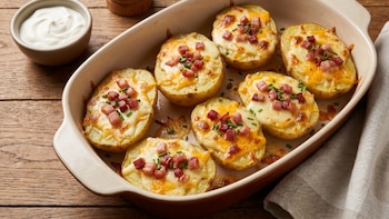 Receta de papas al horno con queso y panceta, rápida y fácil