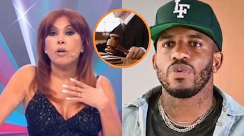 Composición con Magaly Medina a la izquierda, Jefferson Farfán a la derecha y un círculo con un juez sosteniendo un mazo.