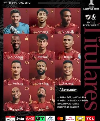 Titulares de Tolima para el partido ante Nacional de Montevideo por la Copa Libertadores 2026 - crédito @cdtolima/X