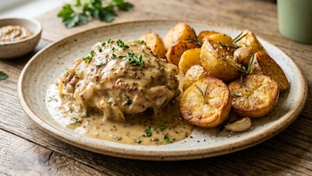 Un plato de pollo con salsa de mostaza y semillas, acompañado de papas asadas con romero y ajo, servido en un plato rústico sobre madera