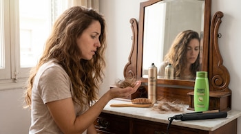 Mujer con cabello castaño ondulado sentada frente a un espejo tocador, sosteniendo mechones de cabello caído. Sobre el tocador hay un cepillo, spray, champú y plancha para el cabello.