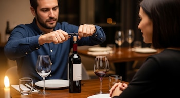 Un hombre descorcha una botella de vino tinto en una mesa de restaurante, con dos copas vacías y una mujer sentada frente a él, iluminado por una vela.