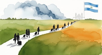 Ilustración en acuarela de un camino con siluetas de personas con maletas, campos verdes y ocres, nubes, una catedral y la bandera de Nicaragua.