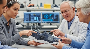Cuatro personas en un laboratorio examinan un zapato deportivo azul con sensores. Una mujer joven y un hombre mayor señalan el zapato a una mujer mayor.