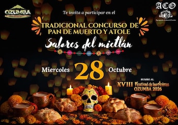 Cartel con pan de muerto, tazas de barro con atole, flores de cempasúchil, una calavera decorada y luces en el fondo