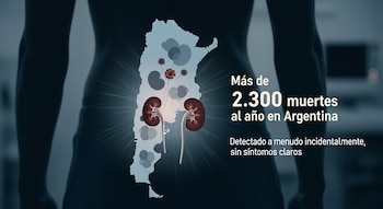 Silhueta do corpo humano com o mapa da Argentina na barriga. O mapa mostra sementes e tumores. Contém artigos informativos sobre câncer renal.