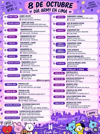 ARMY no se detiene tras el primer concierto de BTS: estas son las actividades que prepara Lima para este 8 de octubre. Captura: Lima ARMY en X.