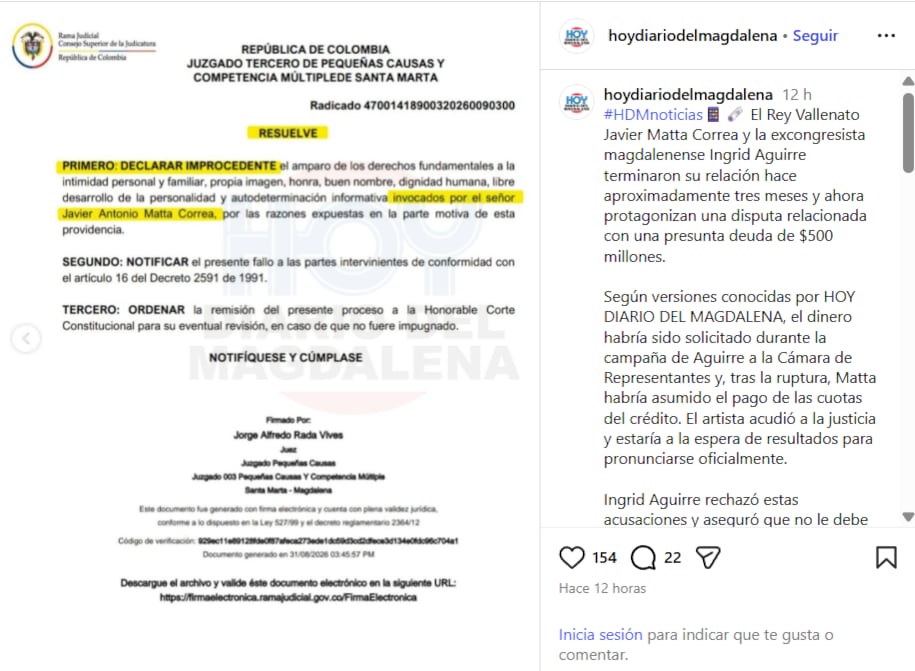 Ingrid Aguirre y Javier Matta tuvieron un revés en su proceso judicial, esta fue la decisión del juzgado - crédito @hoydiariodelmagdalena/IG