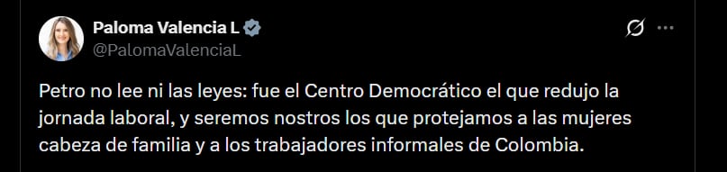 Paloma Valencia afirmó que fue el Centro Democrático quien redujo la jornada laboral en Colombia- crédito @PalomaValenciaL/X
