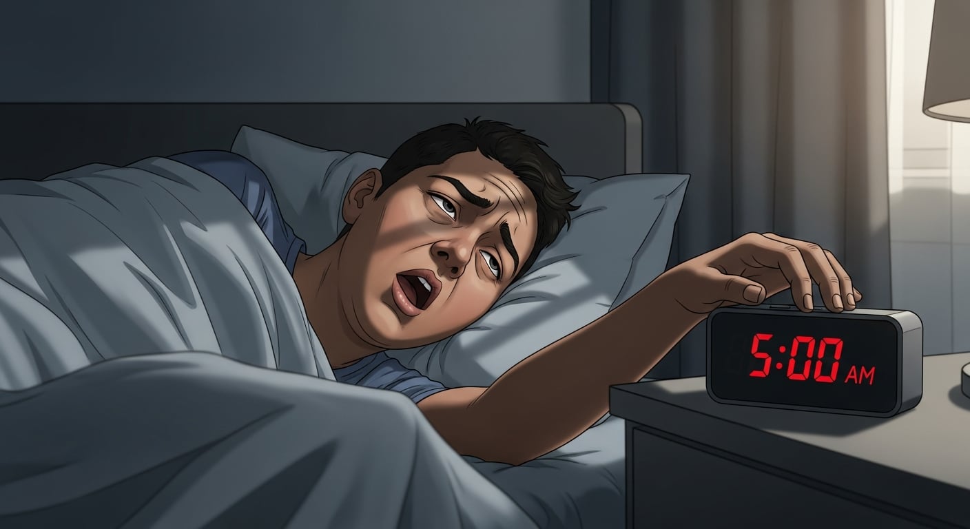 Un hombre latino, visiblemente cansado y aún somnoliento, se despierta a las 5:00 AM, extendiendo la mano para apagar su despertador antes de comenzar su jornada laboral. (Imagen Ilustrativa Infobae)
