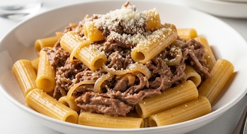 Plato hondo blanco lleno de rigatoni al dente con salsa genovesa de carne desmenuzada, cebolla caramelizada y queso pecorino rallado encima.