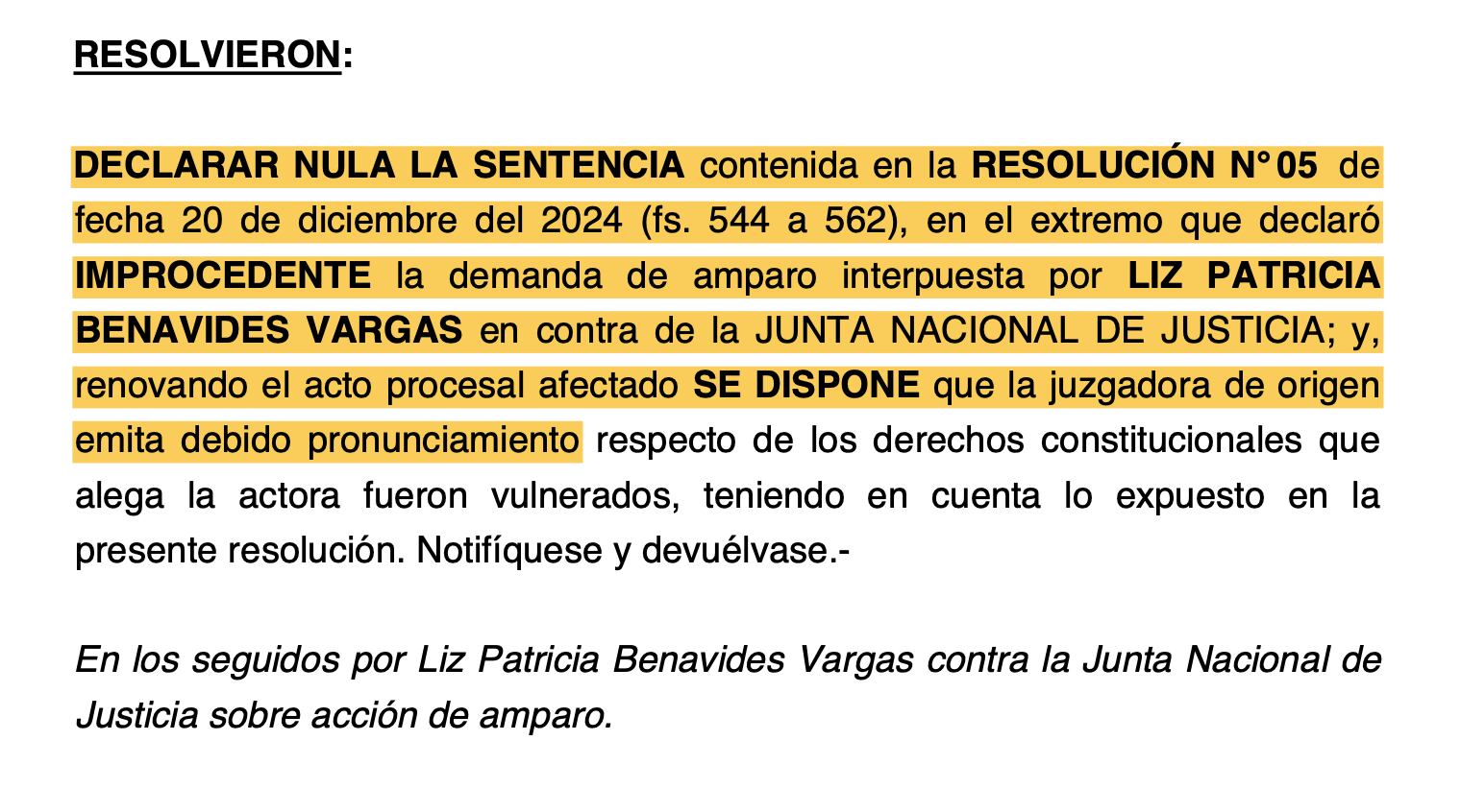 PJ declara nula la resolución que rechazó la demanda de Patricia Benavides.