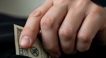 Una mano masculina con los dedos flexionados introduce un billete de dólar estadounidense de color verde en un bolsillo o tela oscura.