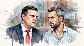 Ilustración en acuarela de dos hombres mirándose fijamente; a la izquierda, un hombre con traje oscuro y corbata roja; a la derecha, un hombre barbudo con camisa azul y cadena.