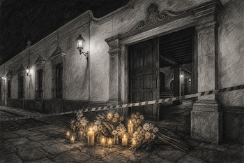 Dibujo en escala de grises de un edificio antiguo con velas encendidas, flores y una cinta policial sobre el suelo de piedra exterior.