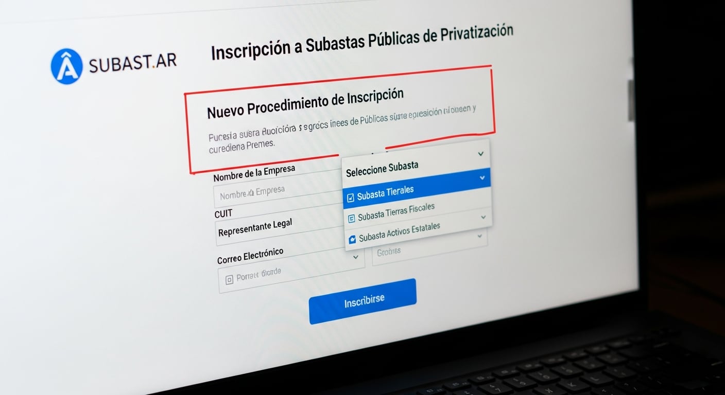 La pantalla de una computadora muestra el formulario de SUBAST.AR para la inscripción a subastas públicas de privatización, con opciones para subastar bienes o activos estatales (Imagen Ilustrativa Infobae)