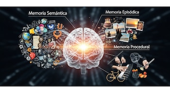 Ilustración digital de un cerebro luminoso en el centro, con círculos a sus lados que muestran ejemplos de memoria semántica, episódica y procedural.