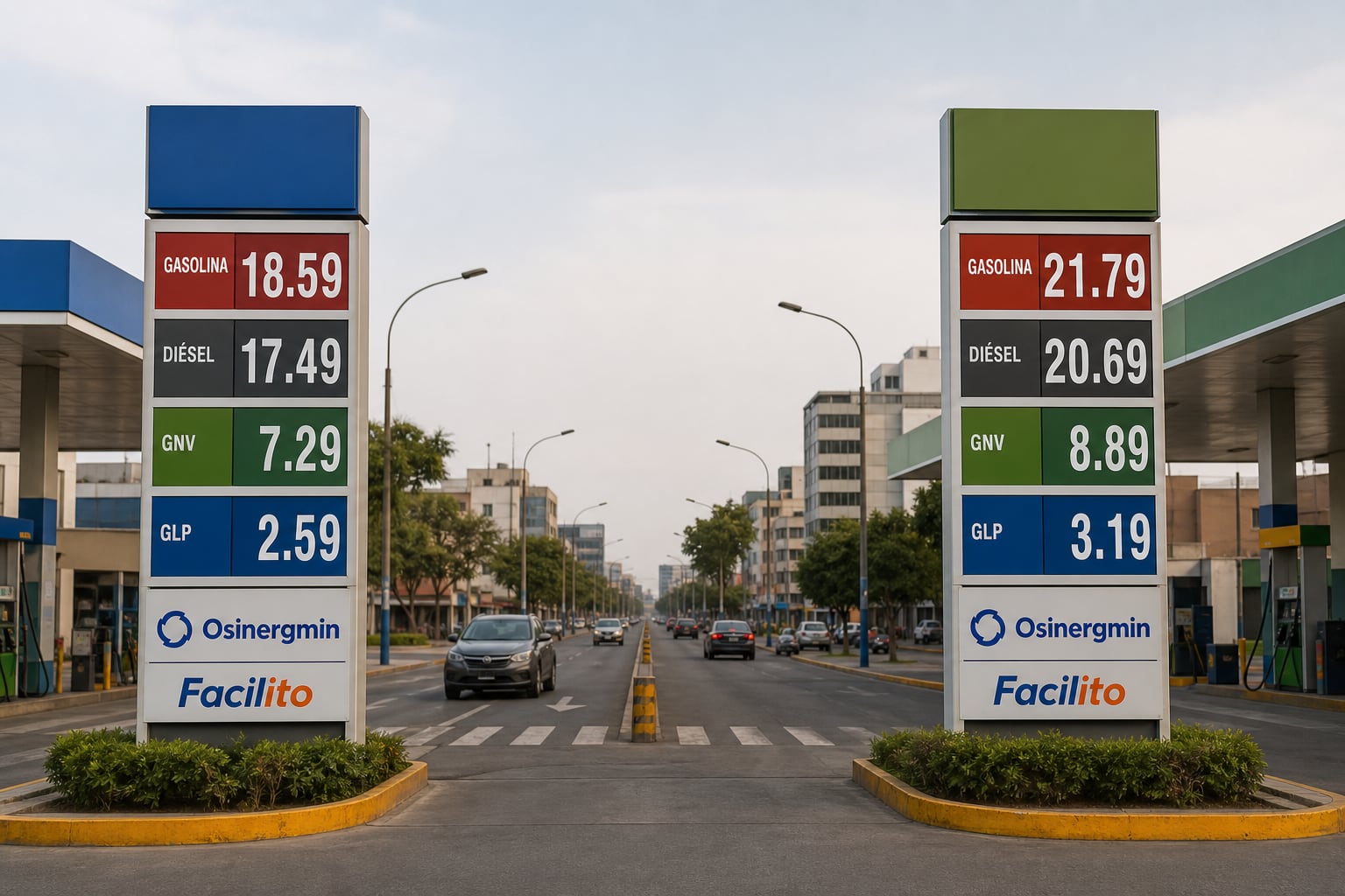 Dos estaciones de servicio en Lima muestran variaciones en las tarifas de venta de gasolina, diésel, GNV y GLP. (Imagen Ilustrativa Infobae)