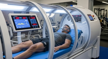 Un hombre con mascarilla de oxígeno está acostado dentro de una cámara hiperbárica con una colchoneta azul. Se ven pantallas digitales y equipamiento de gimnasio al fondo.