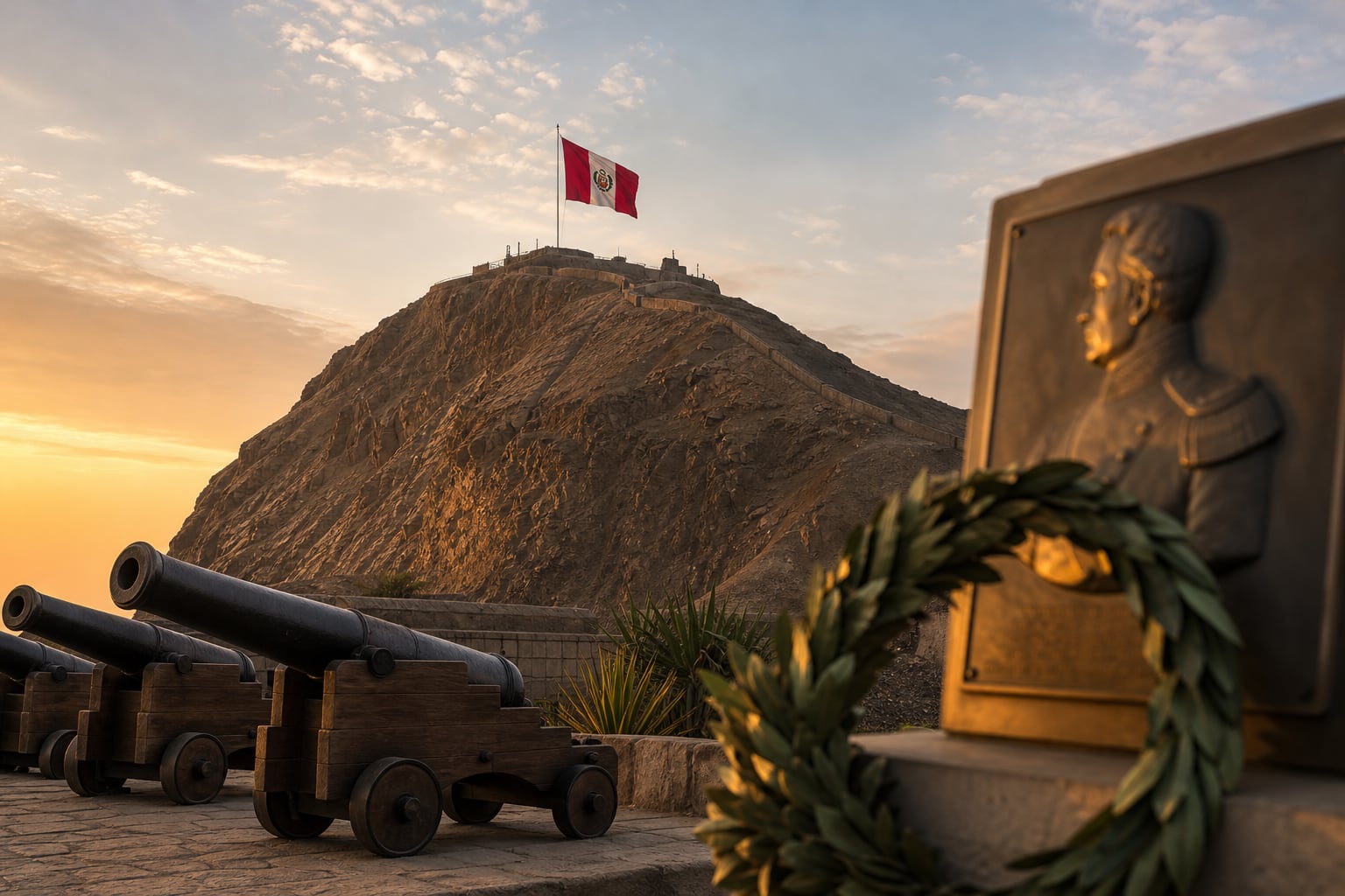 El Morro Solar exhibe la bandera de Perú junto a cañones históricos y una placa conmemorativa en homenaje a la memoria naval del país. (Imagen Ilustrativa Infobae)