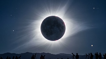 Eclipse solar total: Luna cubre Sol con corona. Abajo, siluetas de observadores, telescopios, montañas. Cielo oscuro con Júpiter y Venus.
