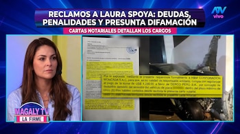 Laura Spoya; carta notarial con texto resaltado sobre deudas y plazos; vehículo accidentado con daños severos; logos de ATV y Magaly TV.