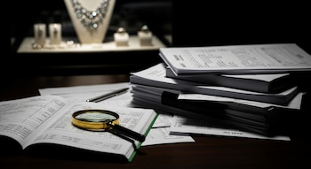 Primer plano de documentos financieros y una lupa sobre un escritorio, con una vitrina de joyería desenfocada al fondo, bajo una iluminación dramática.