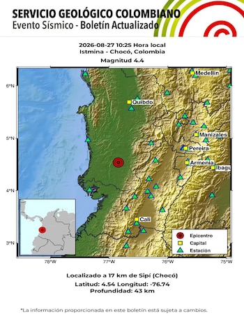 El epicentro del sismo se ubicó en el municipio de Istmina, en Chocó - crédito SGC