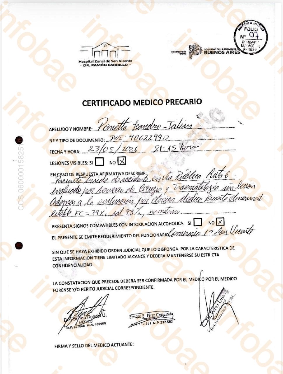 Panetta no tenía alcohol en sangre al momento del accidente.