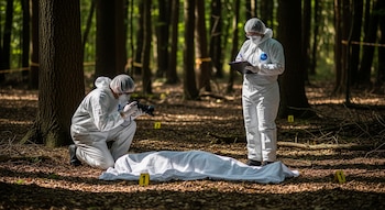 Dos investigadores forenses en trajes protectores blancos trabajan en un bosque oscuro. Uno fotografía un cuerpo cubierto por una sábana, el otro toma notas.