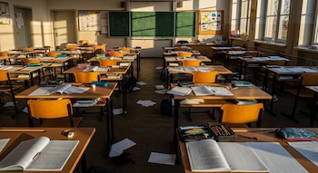 Aula vacía con hileras de pupitres de madera y metal, algunos con libros abiertos y papeles. Un pizarrón verde al fondo y ventanas laterales con luz solar.