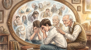Ilustración de un joven llorando con las manos en la cara, siendo consolado por un anciano. Un espejo ovalado detrás de ellos muestra escenas de arrepentimiento y aceptación.