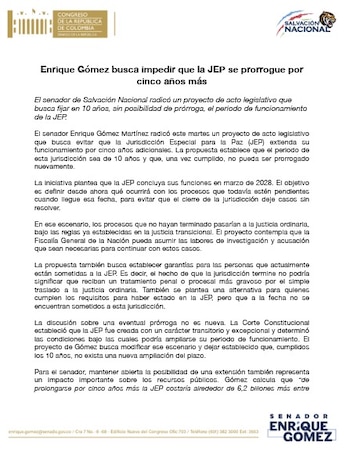 El senador Enrique Gómez presentó un acto legislativo para impedir que la Jurisdicción Especial para la Paz (JEP) extienda su funcionamiento más allá de marzo de 2028 y trasladar a la justicia ordinaria los procesos pendientes - crédito Salvación Nacional
